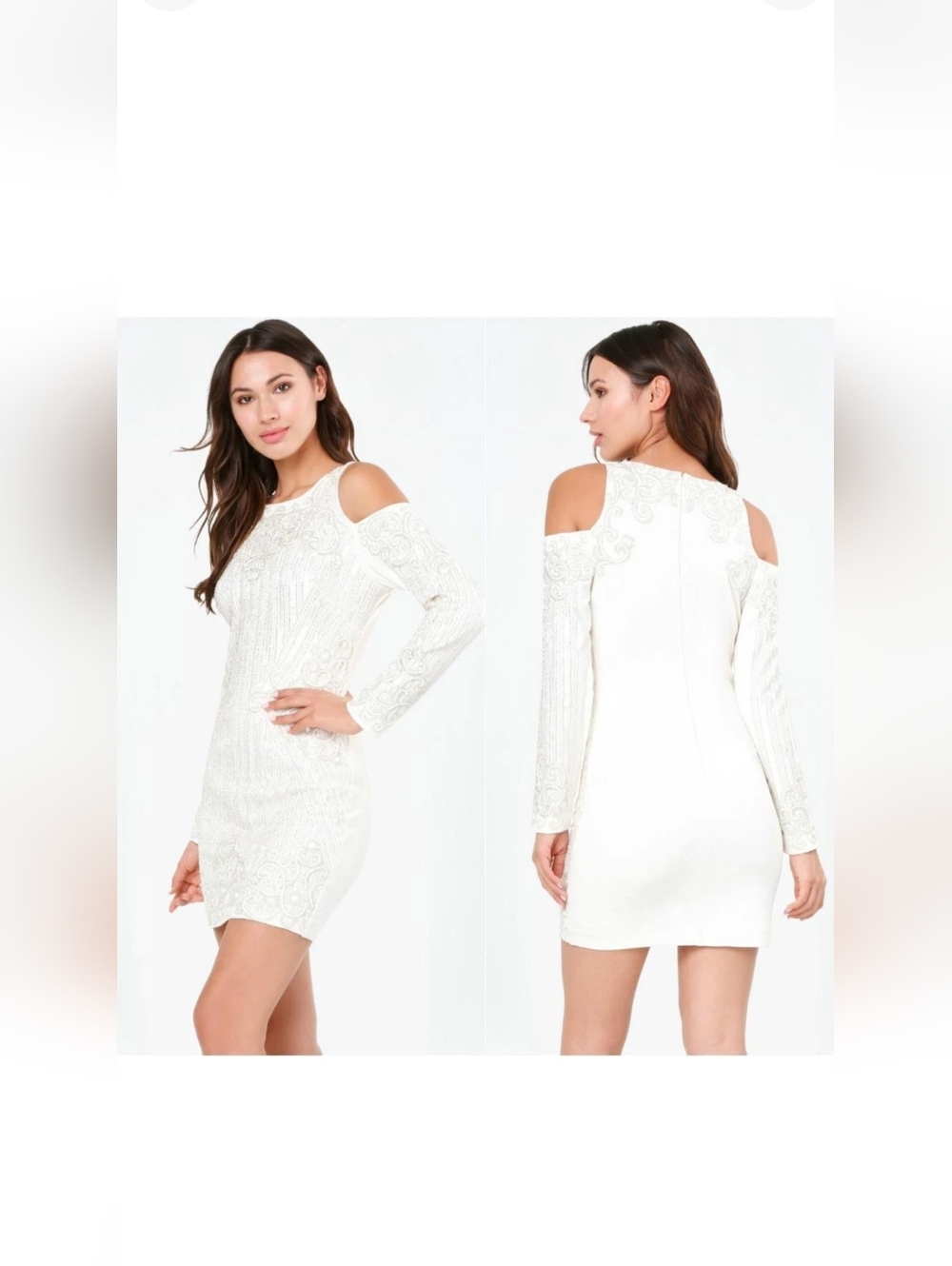 BeBe Cold-Shoulder Sequins Embellished Off White Mini Dress Sz  Medium